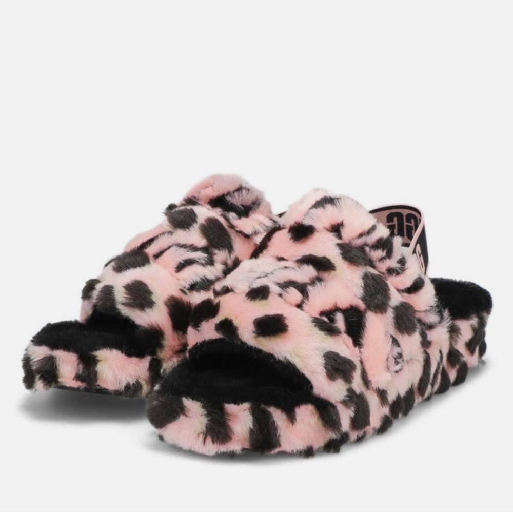 UGG Women's Fluff Yeah Animalia Slide Faux Fur Slippers Pink & Black Size 7